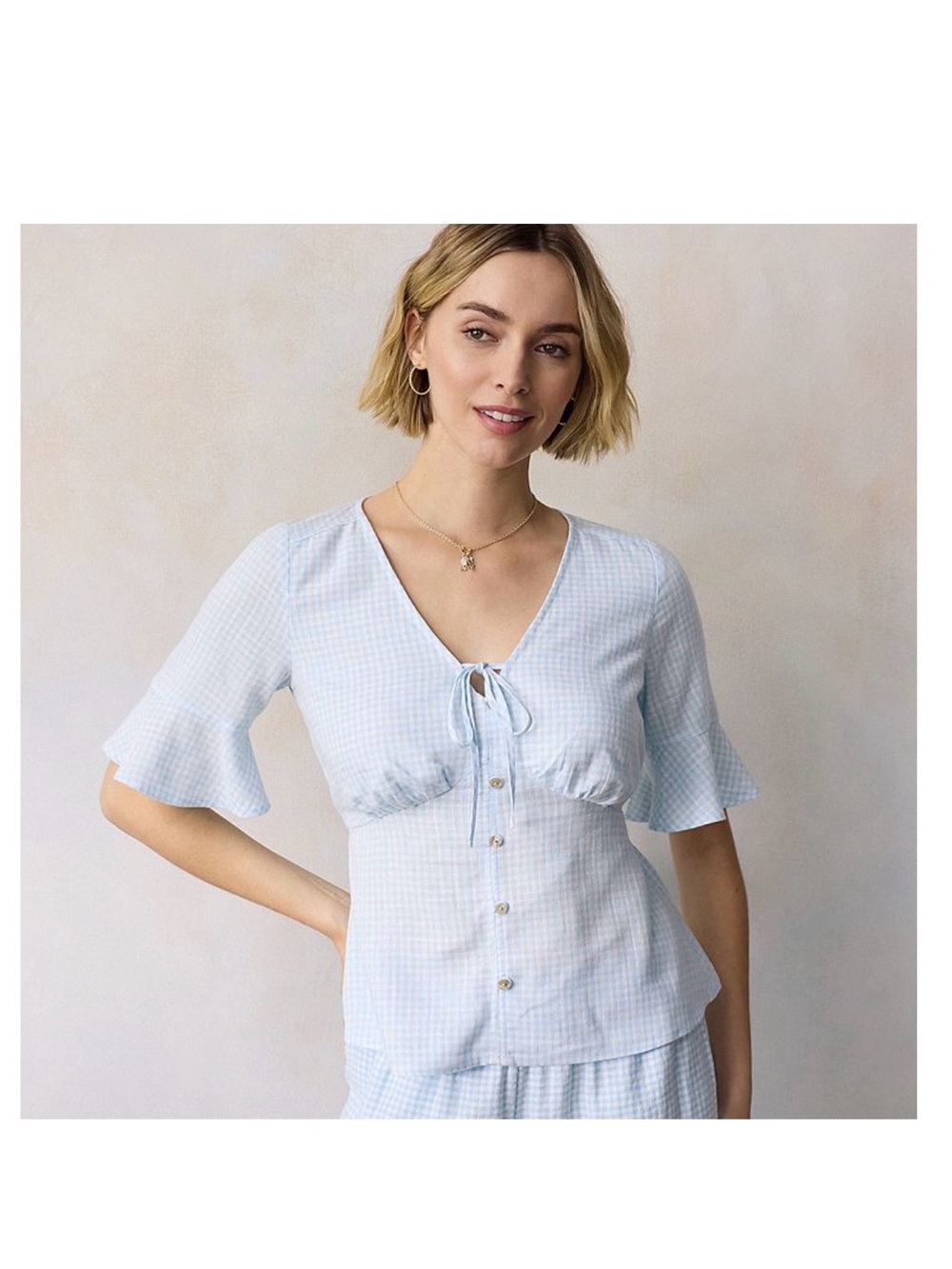 Light Blue Gingham Tie-Front flutter sleeve top